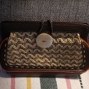 Kate Landry Brown Leather & Natural Straw Clutch with Magnetic Closure